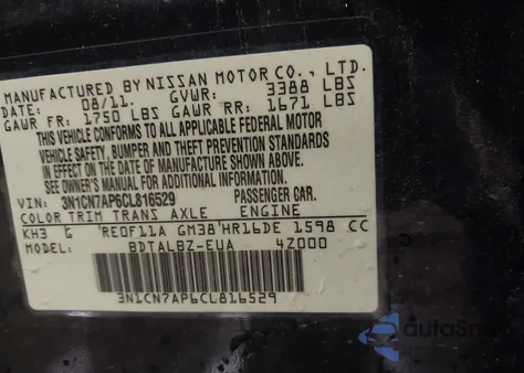 2012 Nissan Versa 1.6 Sv from USA, damaged, VIN 3N1CN7AP6CL816529